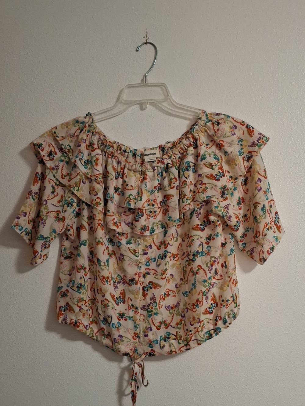 Zadig & Voltaire Tease Butterfly Blouse Floral Ruffle 100% Silk Off-Shoulder Top